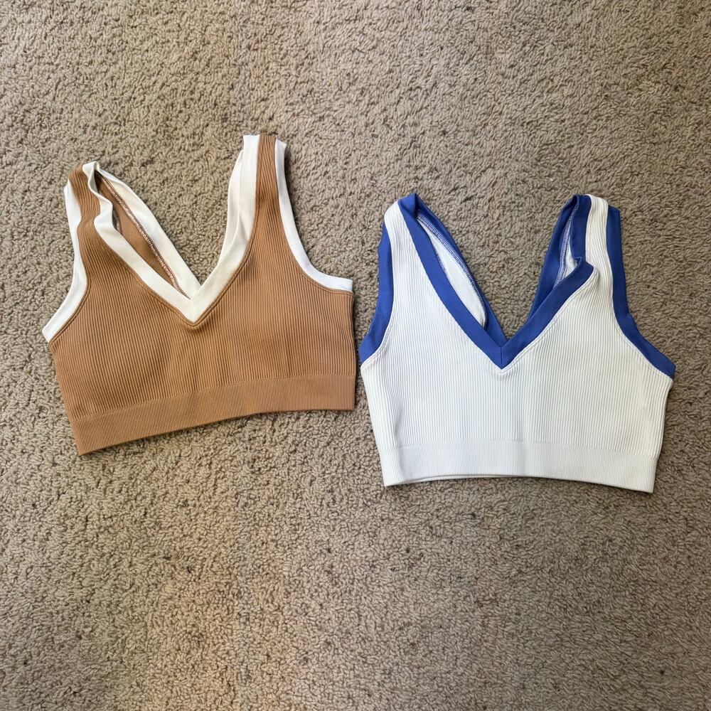 Offline Aerie Lot of 2 Sports Lounge Bra M Tan White Wireless Ribbed Plunge Yoga